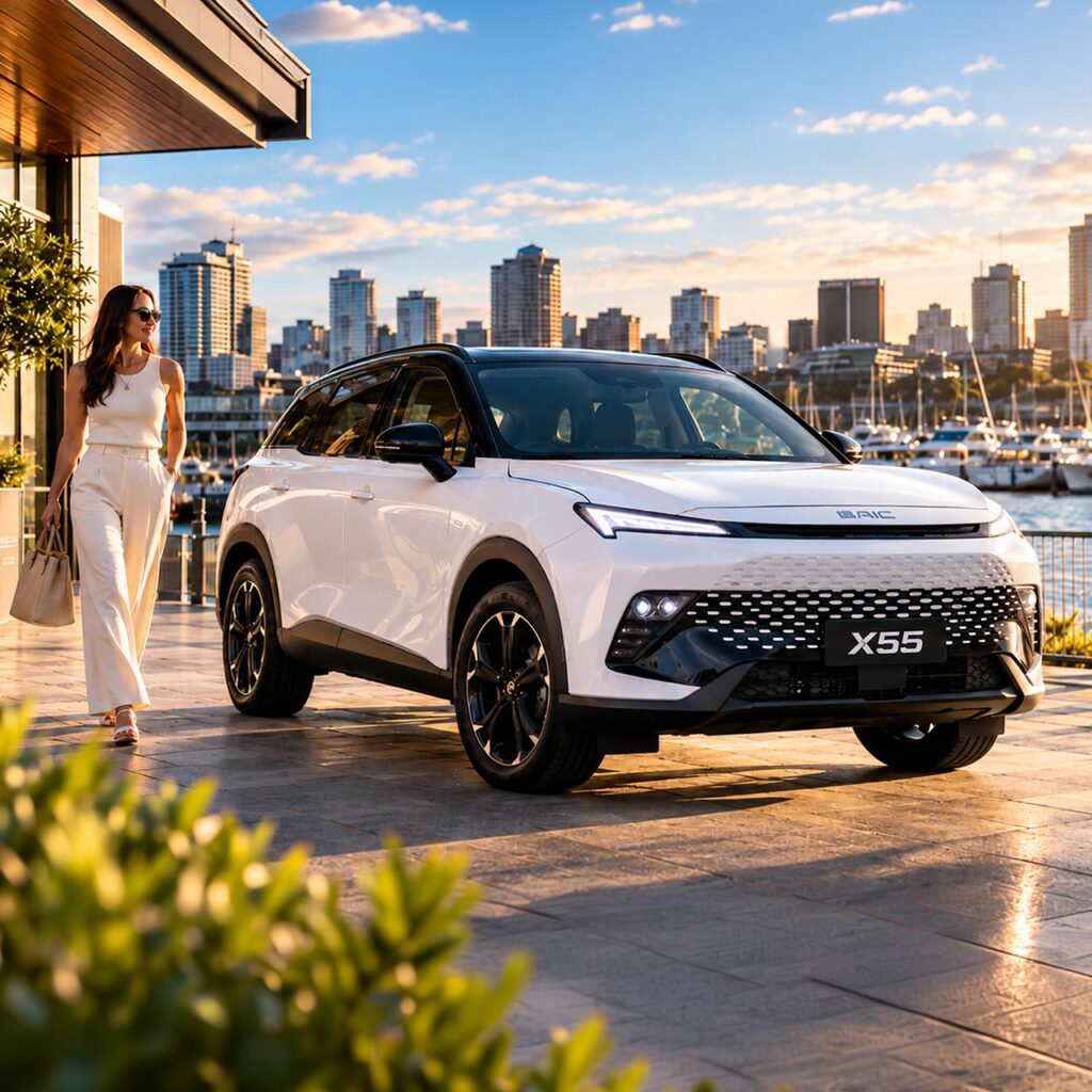 BAIC X55 at a waterfront marina on a sunny day